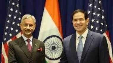 Dr. S. Jaishankar standing beside US Secretary of State Marco Rubio in front of Indian and US flags